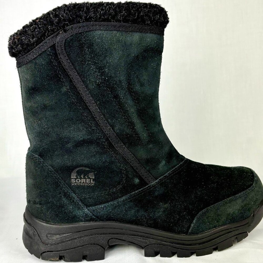 SALE! SOREL Waterproof Winter Boots Black Suede Faux Fur Zip Size
